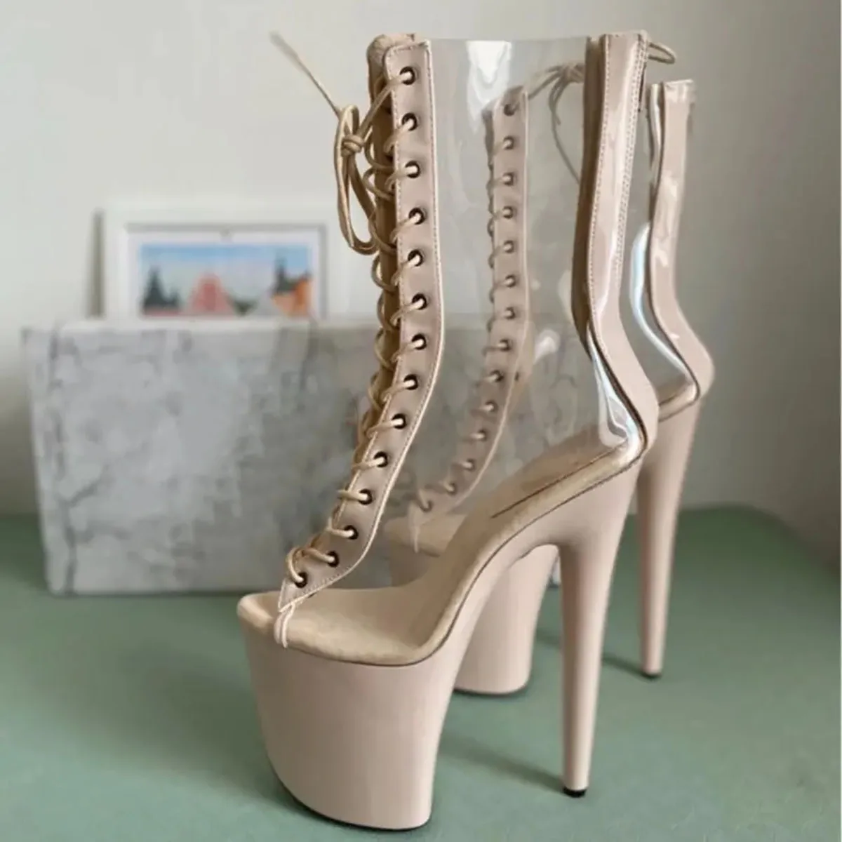 Motorcycle  8inch High Heels Ankle Boots 20CM Platform Pole Dance Exotic shoes Gothic Stripper Sexy Fetish Exotic Dancer Boots
