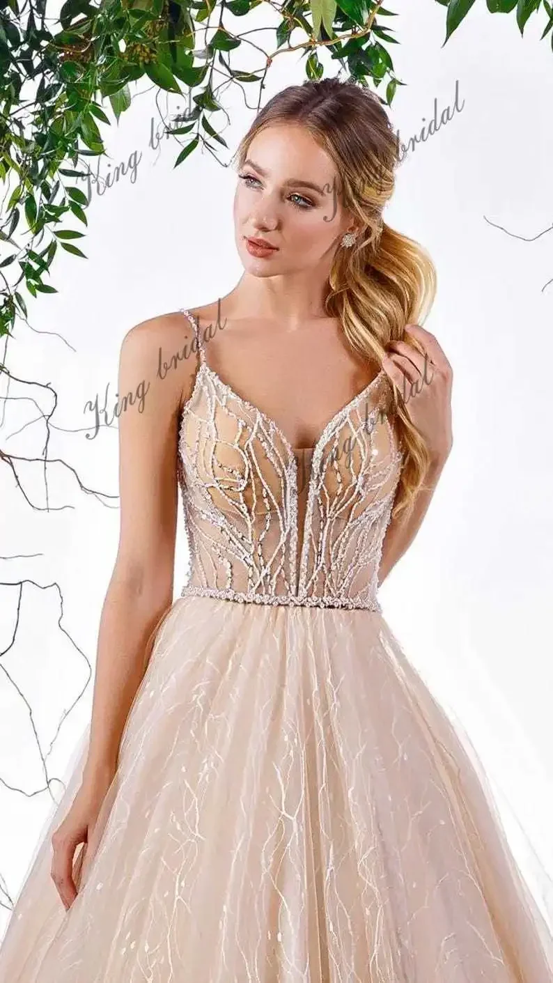 Gaun Pengantin Sederhana Gaun Pengantin Bordir Kristal Gaun Pengantin Model A-Line Berbahan Lace Tanpa Punggung Warna Nude Gaun Pengantin Custom