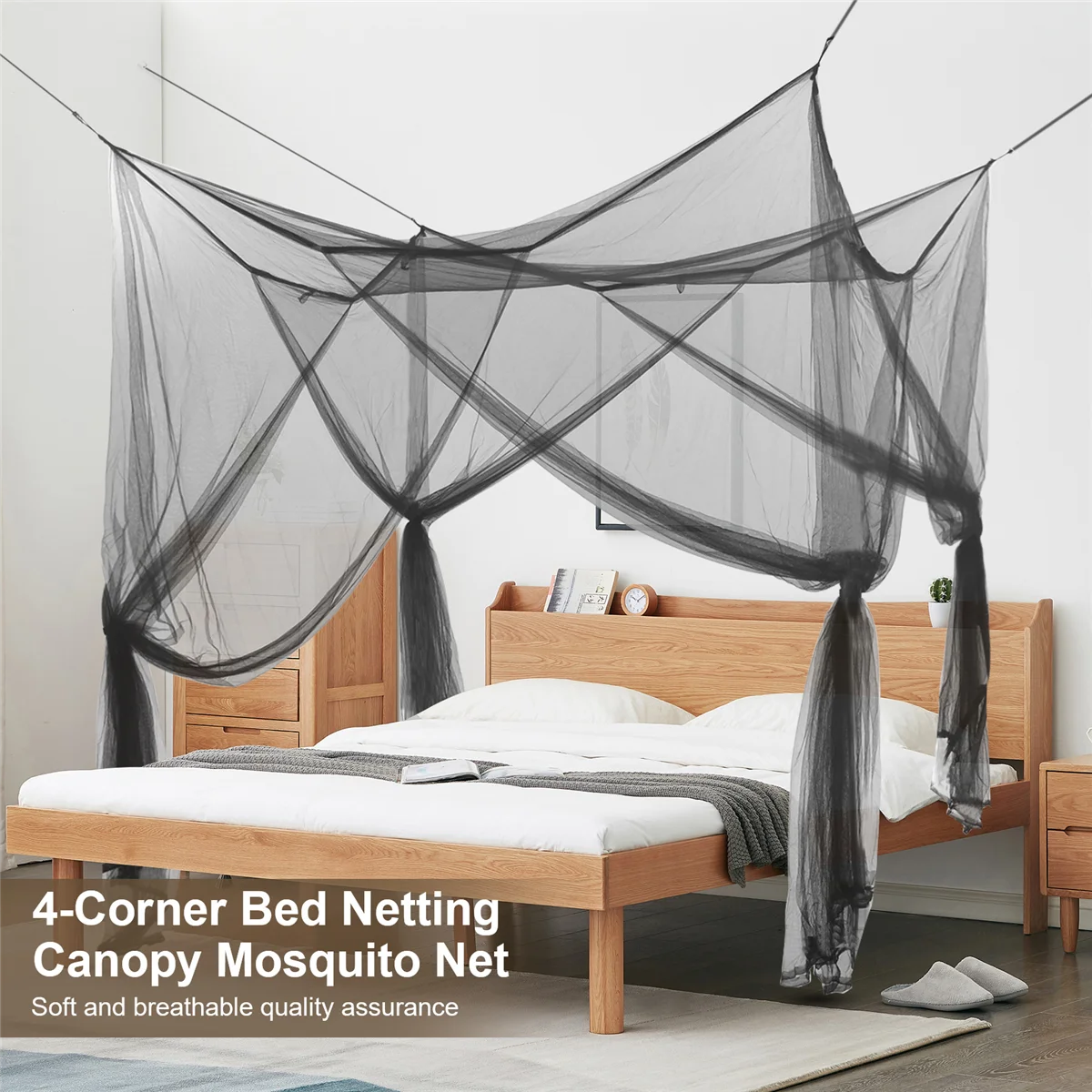 New 4-Corner Bed Netting Canopy Mosquito Net for Queen/ Sized Bed 190*210*240cm (Black)