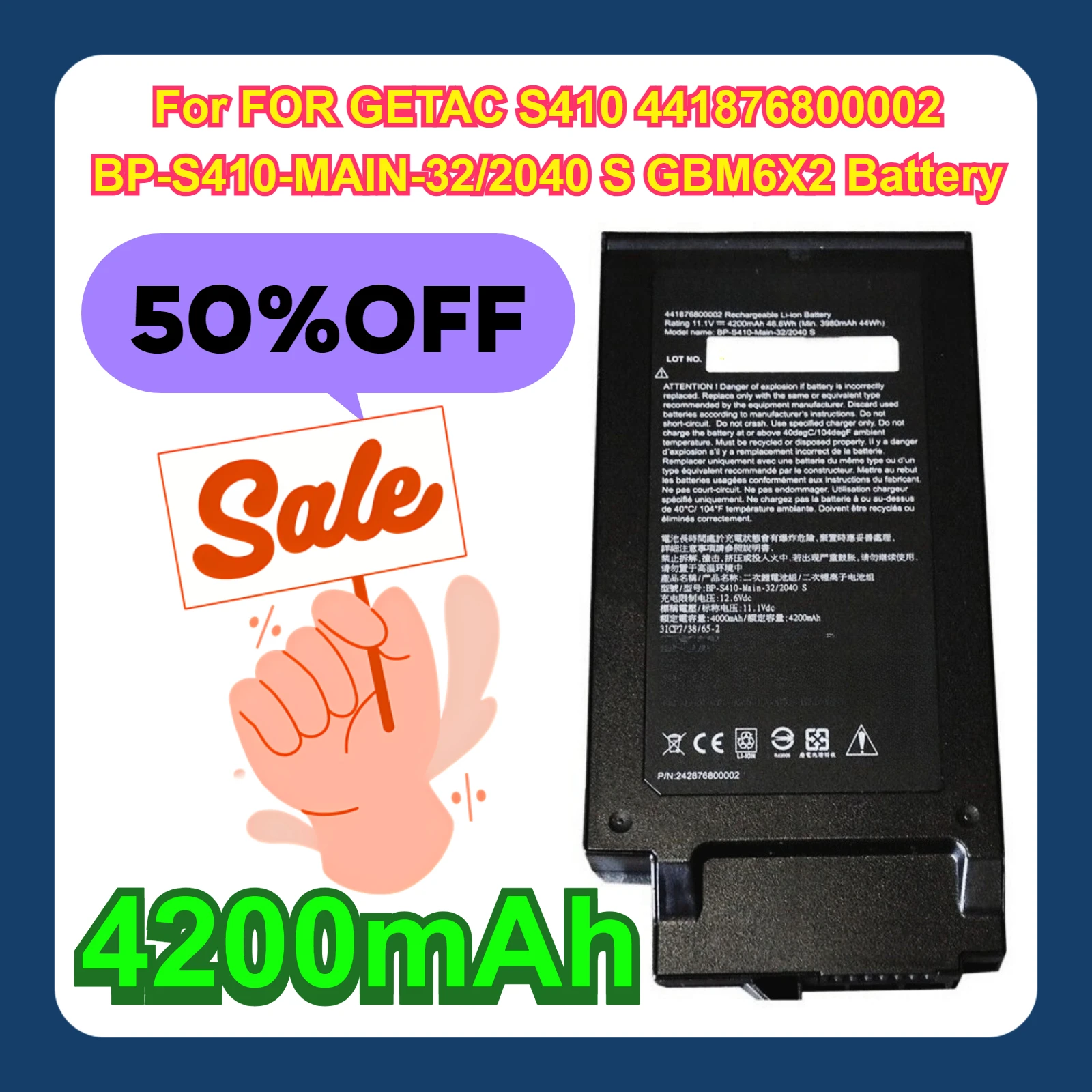 For FOR GETAC S410 441876800002 BP-S410-MAIN-32/2040 S GBM6X2 Battery
