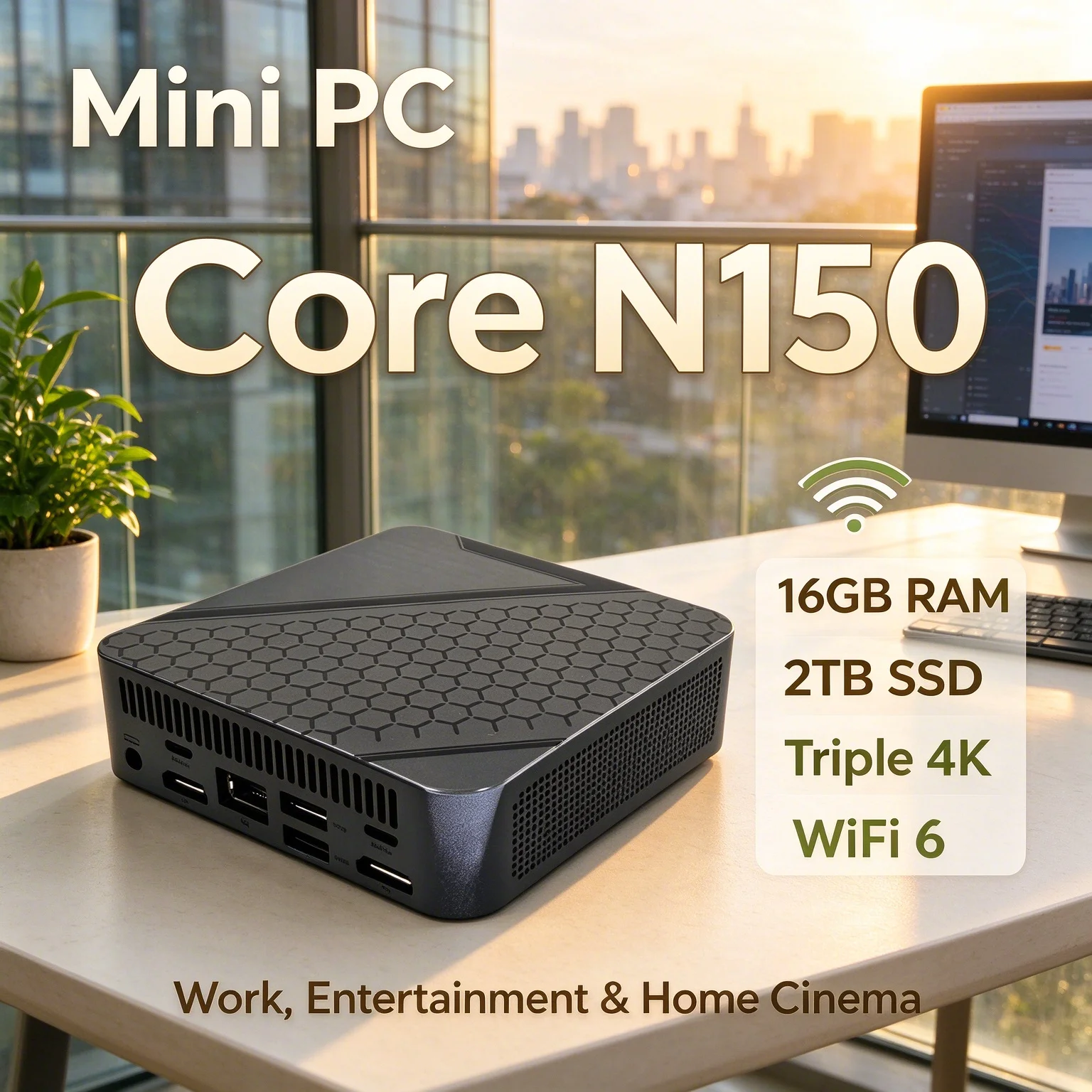 Intel Core N150 Mini PC Fanless Silent Cooling 2TB SSD 2026 16GB RAM Triple 4K Display WiFi6 BT5.2 Computer Office Home Study