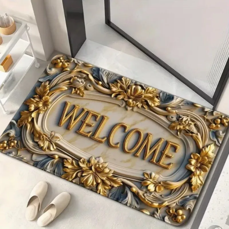 VIKAMA Non-slip 3D Gold Frame Bath Mat Blue Floral Welcome Doormat for Home
