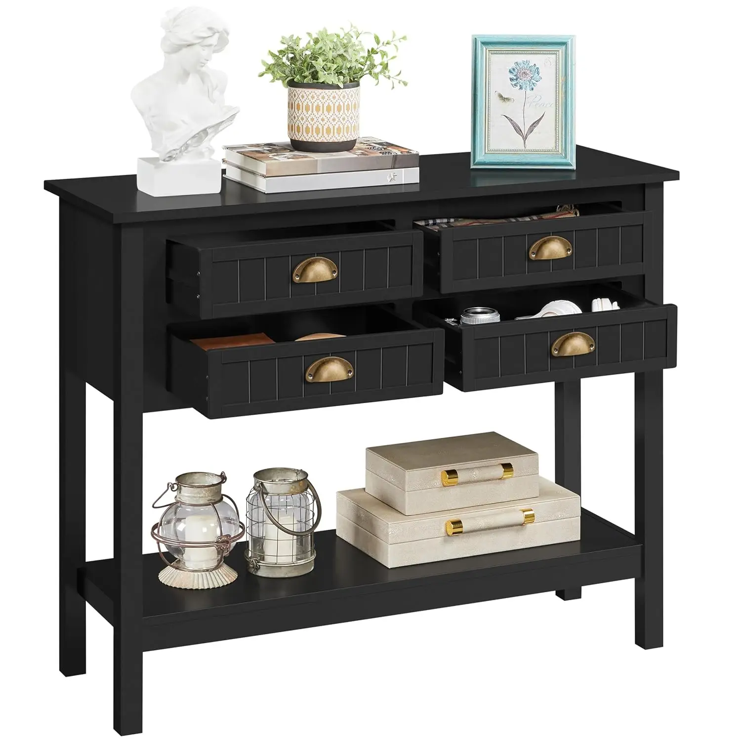 

4 Drawer Console Table Sofa Side Open Storage Shelf Entryway Hallway Living Room 39.5x14x32 inch Black Customized