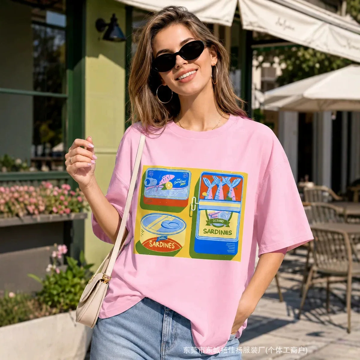 Chic French Coastal Pink Oversized Tee Vintage Sardine Tin Cans Collage Print Loose Soft 100% Cotton Summer Beach Brunch T Shirt