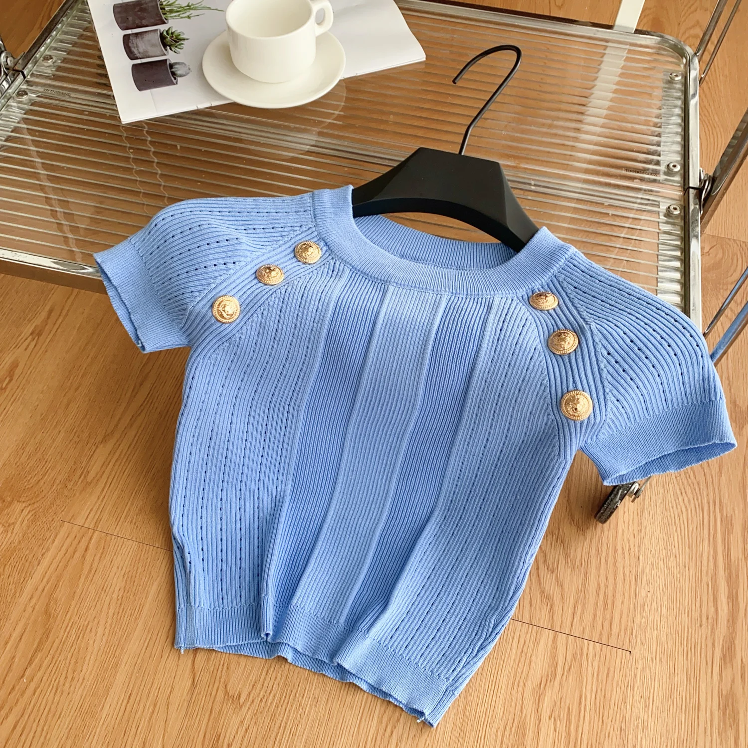Summer Fashion O-Neck Knitted T-Shirt for Women New Chic Button Short Sleeve Crop Tops Ladies Versatile Slim Tees - Image 5