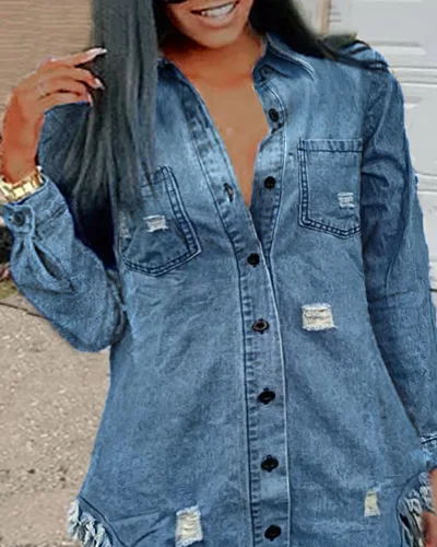 Imagen 2 del producto Tops vaqueros asimétricos con dobladillo crudo rasgado, camisas informales, vestido con botones y bolsillos a la moda para mujer