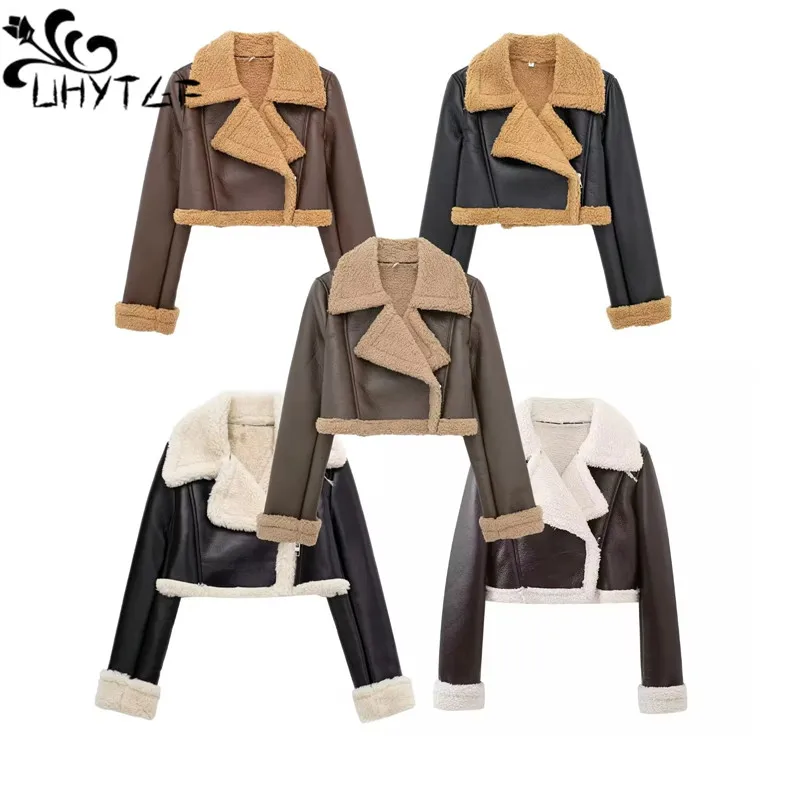 Moda damska Solidne kurtki z zamkiem błyskawicznym z przodu Vintage Lapel Long Sleeves Kobiece eleganckie stroje damskie Casual Cropped Leather