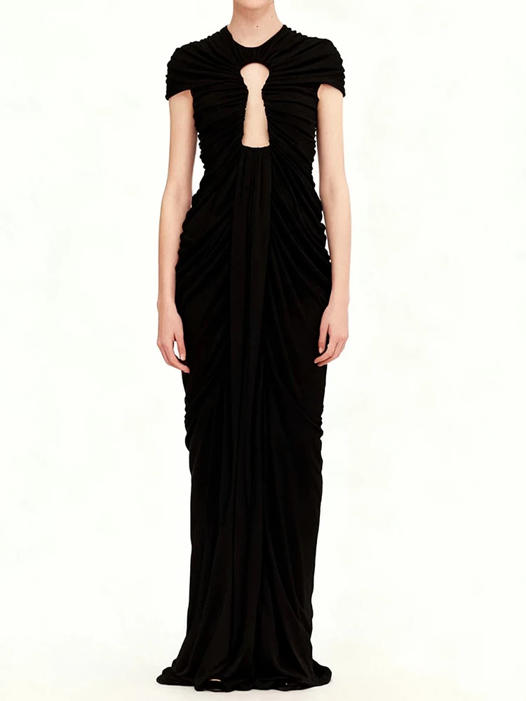 

Новое летнее платье с открытыми плечами и короткими рукавами с круглым вырезом, сверхмощное ажурное сексуальное тонкое и элегантное платье на бедрах со складками на груди