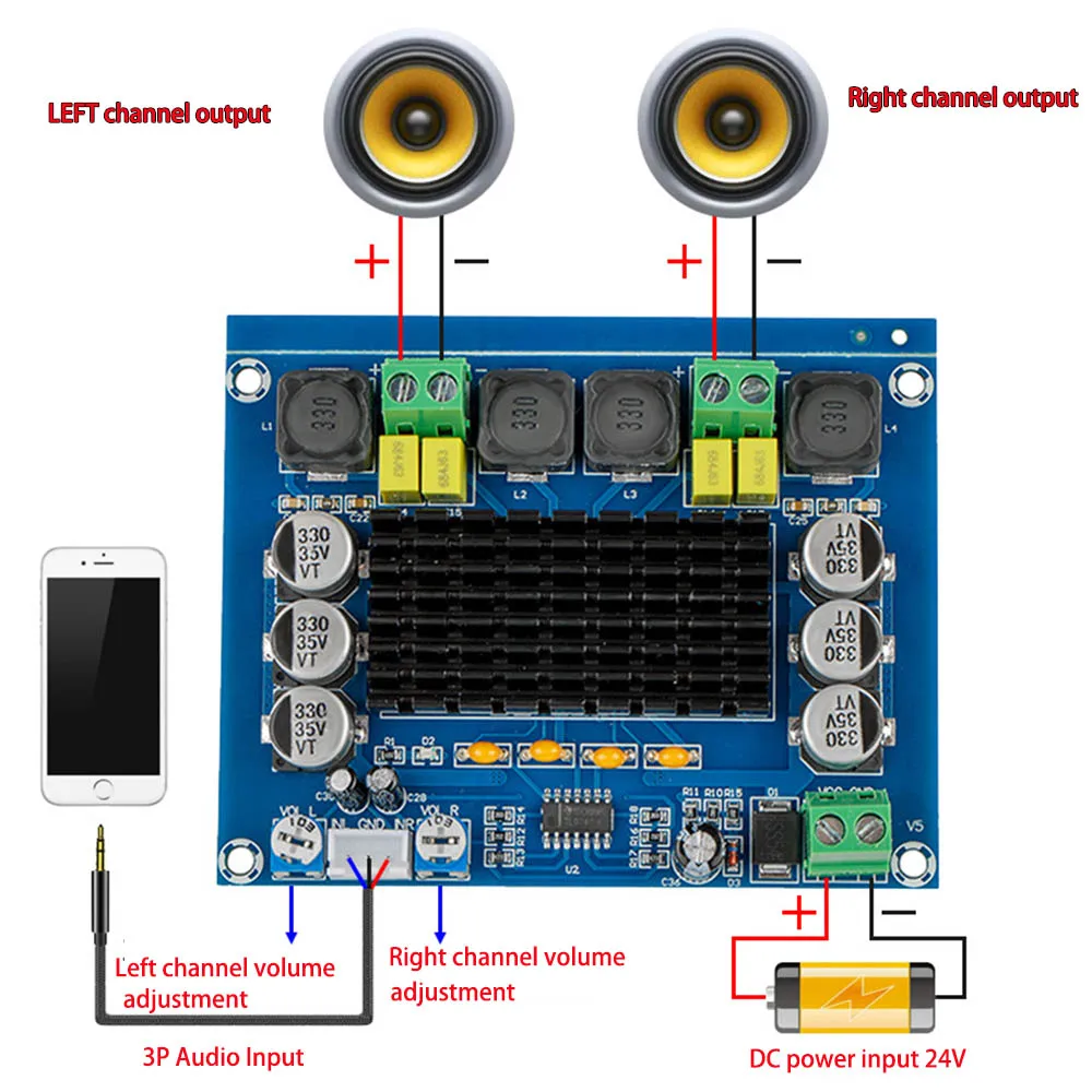 DC 12V 24V XH-M543 TPA3116D2 Dual-channel Stereo High Power Digital Audio Power Amplifier Board 2*120W