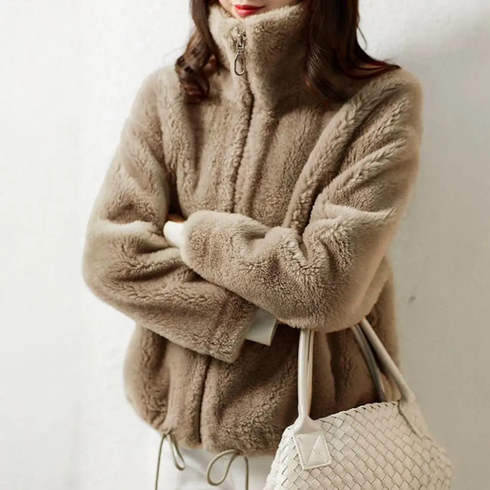 سترة نسائية من الصوف الغامض مع معطف جيوب بياقة واقفة لخريف وشتاء الدفء للطقس #4