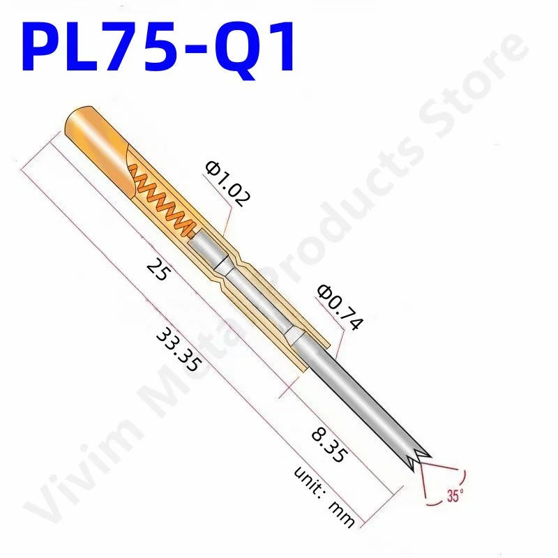 100PCS Spring Test Probe PL75-Q1 Straight 4-claw Test Pin Head Dia 0.74mm Length33.35mm Needle Dia 1.02mm Spring Pogo Pin PL75-Q