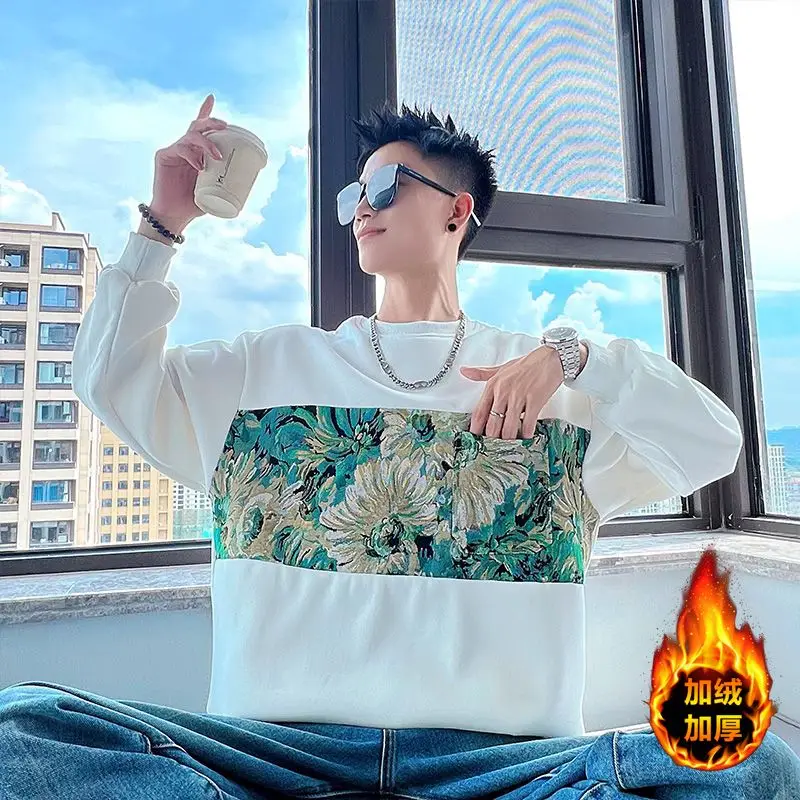 

Plush Embroidered Sweatshirt for Men Winter Long-sleeved T-shirt for Autumn Winter Handsome New Style Top Trendy T-shirt