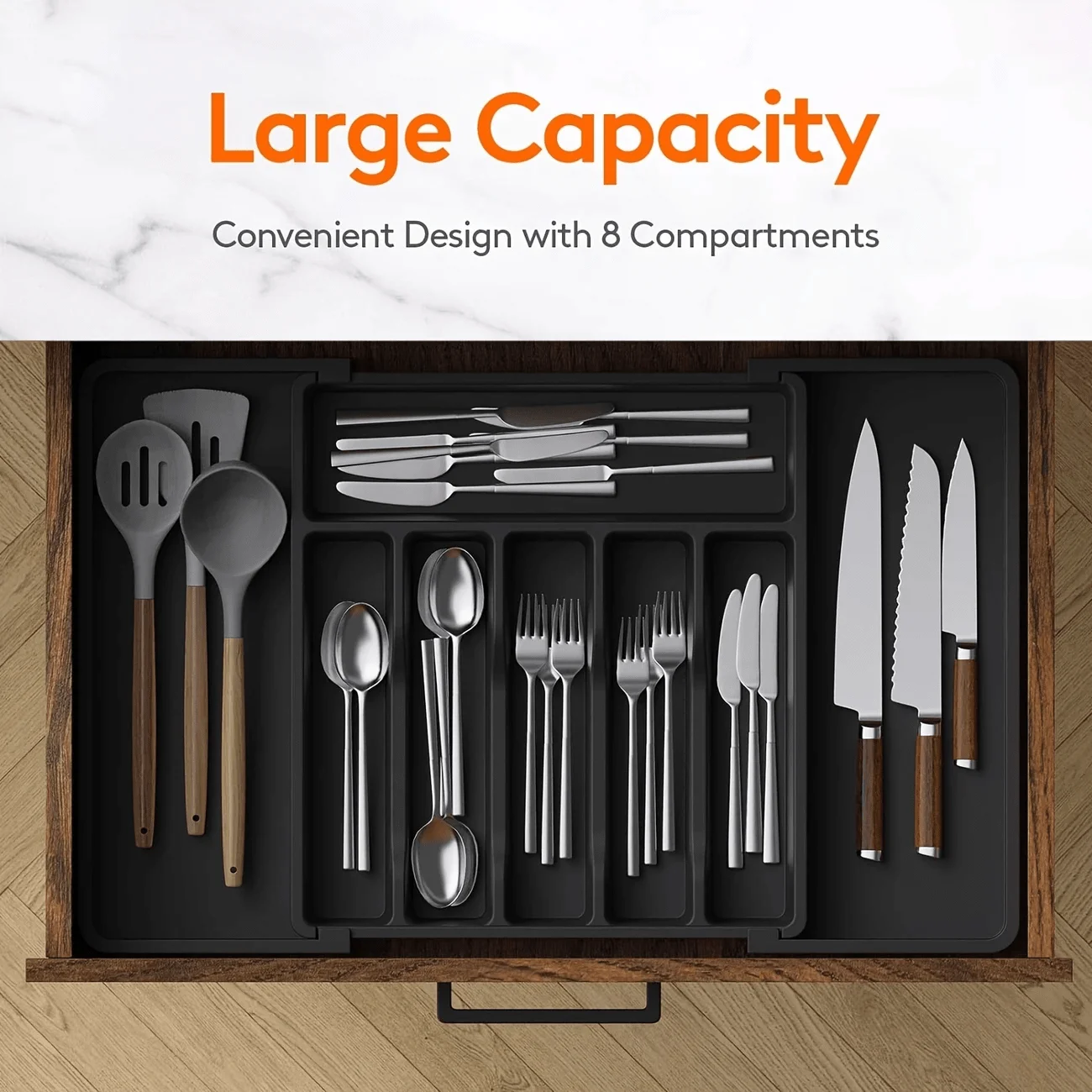 Expandable Drawer Organizer – Adjustable Plastic Utensil Tray for Kitchen, Flatware, Cutlery, Spoons, Forks, and Knives Storage