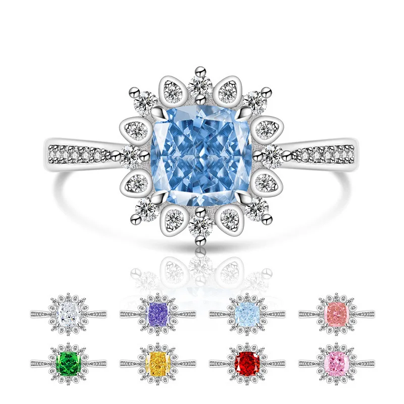 Sterling Silver 925 Shining Fire Color Clear Ice Flower Cut Sunflower Crystal Zircon Ladies Ring Fashion Commuter Party