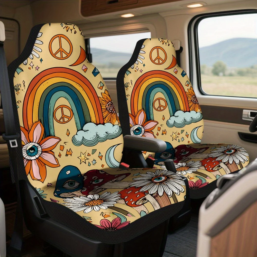 2pcs Hippie Peace Symbols & 60s Retro Style Car Seat Covers Compatible For,,, VW, GM - Front Seat Protectors, Machine-Washable S