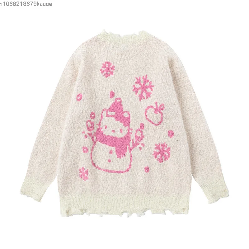 Sanrio Hello Kitty luźne swetry z dzianiny z okrągłym dekoltem damskie boże narodzenie nowy modny niszowy sweter jesienno-zimowy miękki swobodny sweter