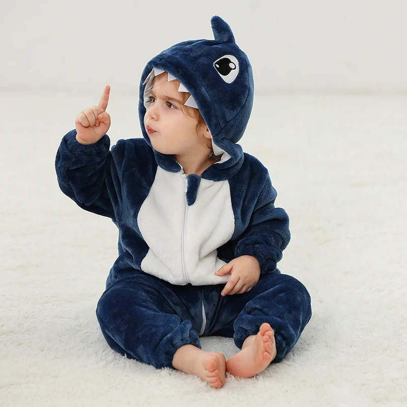 Winter Baby Rompers Baby Pijamas Sharks Wolf Leopard Cartoon Hooded Jumpsuits Cosplay Costume Boys Girl Cosplay Pyjamas Bodysuit