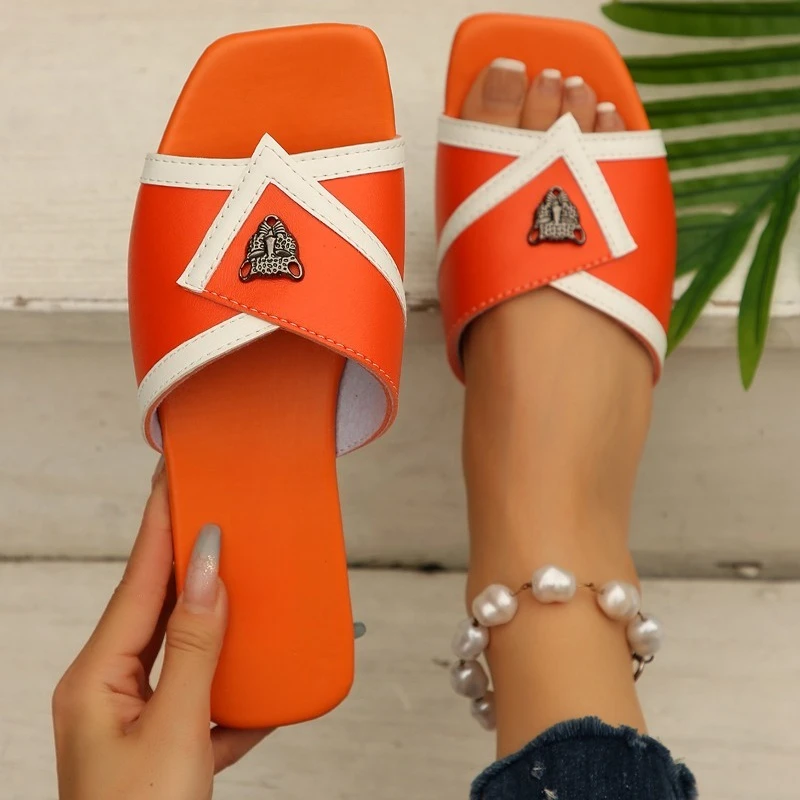 

Comfortable and Versatile Flat Non-slip Women's Slippers Square Toe Open Toe Soft Sole Color Block Simple Breathable Flip-flops