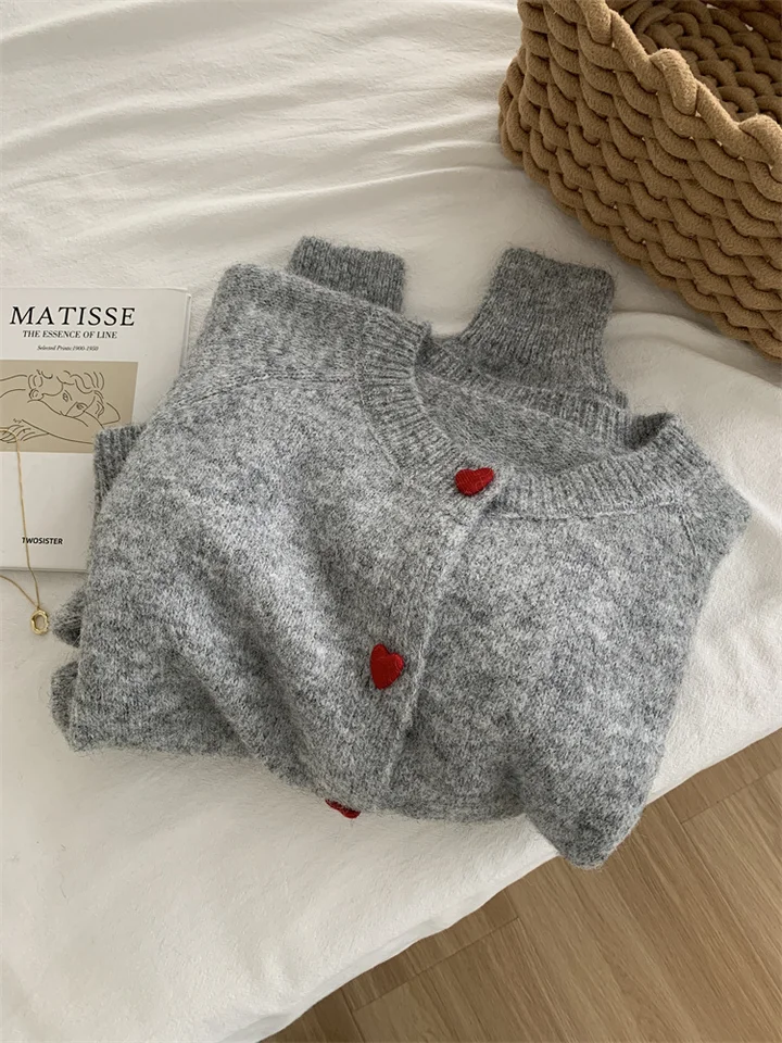 Zjaiss 2026 Deep Grey Wool Knitted Cardigan For Women In Autumn Winter Soft And Sticky Warm Sweater Love Buckle Shoulder Sleeves, image 8
