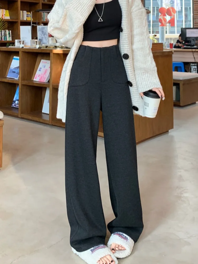 Pantaloni bianchi slim a gamba larga Pantaloni da donna a vita alta drappeggiati dimagranti in lana Pantaloni casual a gamba dritta Autunno Inverno