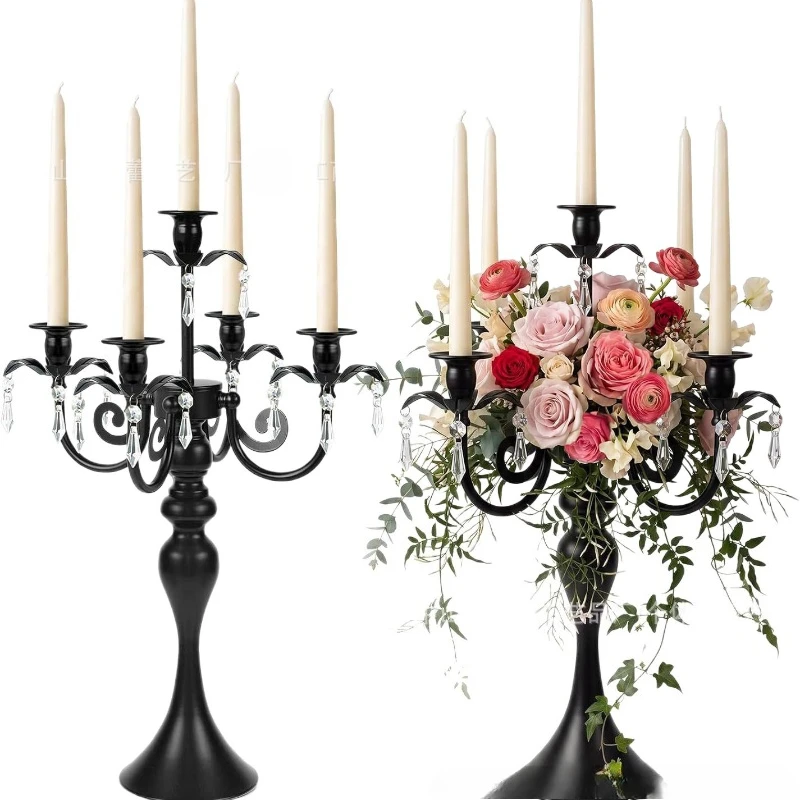 Vintage Black 5-Arm Metal Taper Candle Holder with Crystal Droplets, Table Centerpiece for Wedding, Restaurant, Hotel Decor