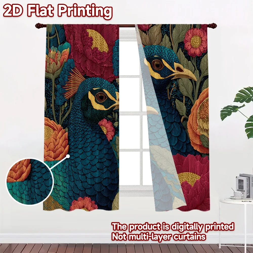2D FLAT PRINTING 2pcs Curtains (Without Rod) Elegant Peacock Among Flowers Popular Contemporary Curtains Versatile Polyester