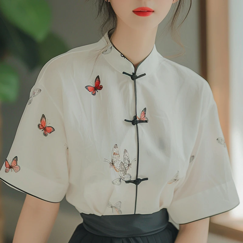 Chiffon Chinese Style Women\'s Shirt Summer Prints Vintage Blouses Loose Short Sleeve Women Tops Fashion Clothing