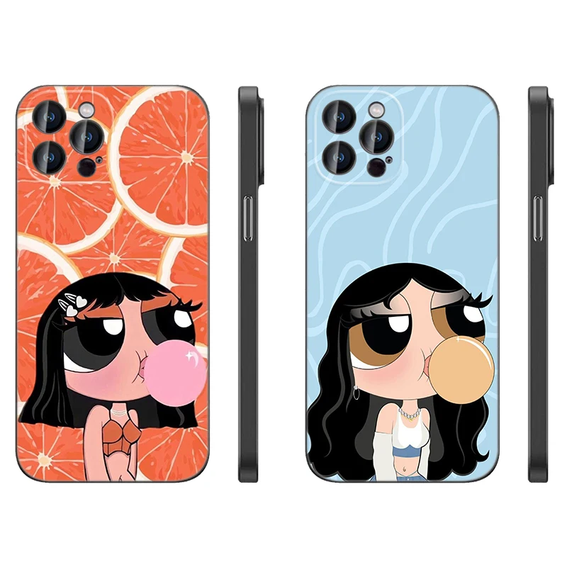 Cartoon Powerpuffs Girls 블랙 실리콘 전화 케이스 Apple iPhone 12 13 Mini 7 8 14 15 16 Plus Pro Max 커버