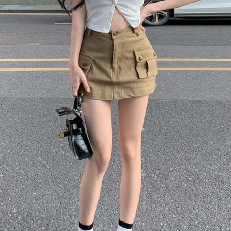 

Khaki Tooling Skirt with Pockets Women's High Waist A-word Denim Skirt Spice Girl Short Skirt