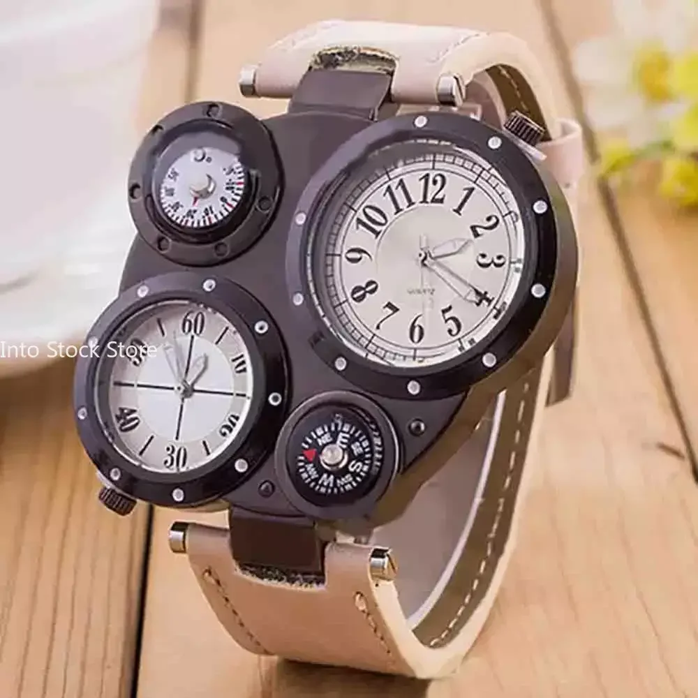 Jam tangan kronograf pria, arloji Quartz olahraga militer tali kulit dengan kompas, jam tangan besar kreatif untuk pria