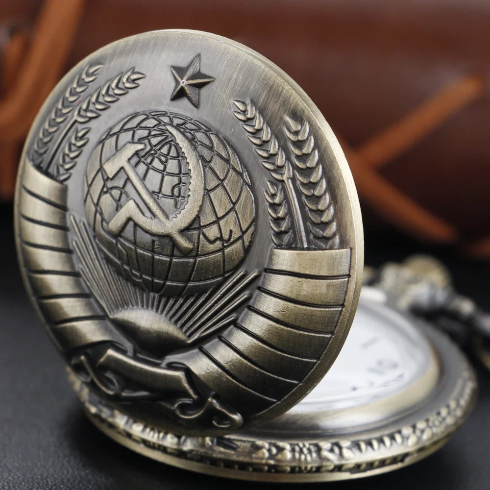 Bronze/Gold/Black/Silver USSR Soviet Sickle Hammer Quartz Pocket Watch Pendant Necklace Clock CCCP Russia Emblem Communism Watch