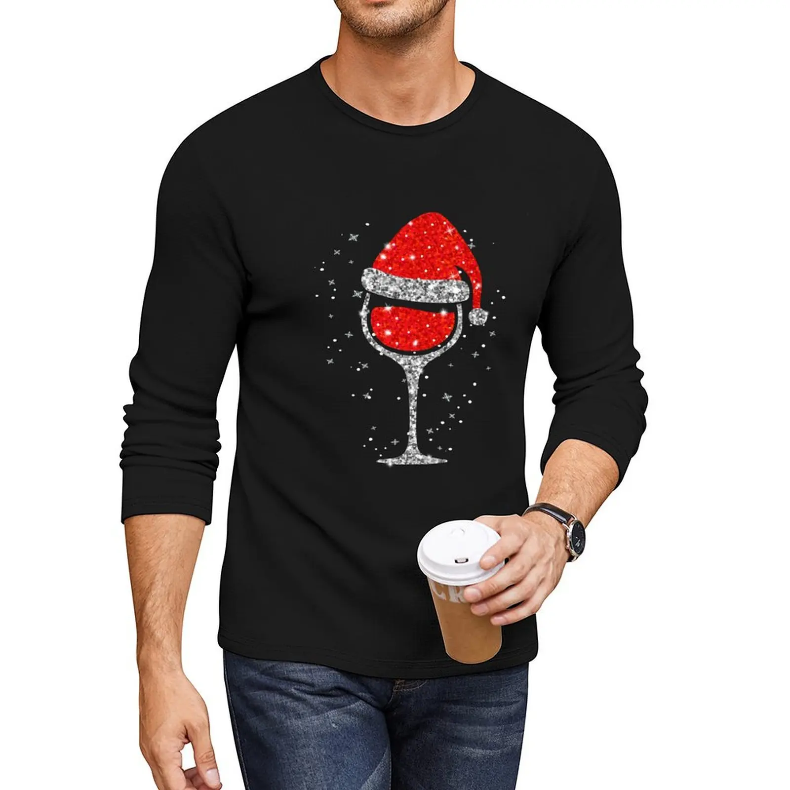 Christmas Wine Glass Snowflakes Santa Hat Red Wine Long T-Shirt custom t shirt customized t shirts black t shirts for men