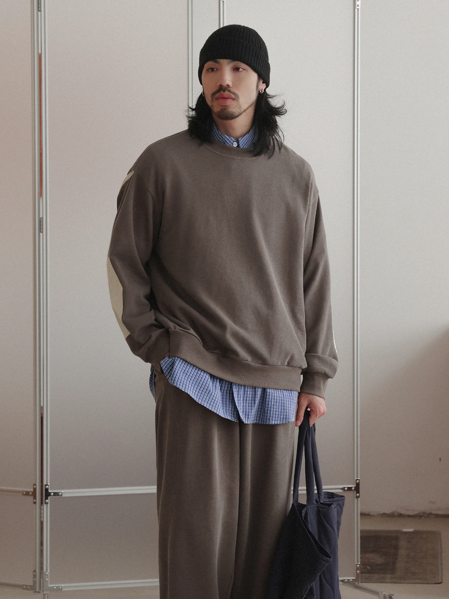 

Noears round Ne Sweatirt Street Sle Loose Fit Patchwork Milk Tea Color Japanese Retro Commute Top Warm Cotton Long Sve