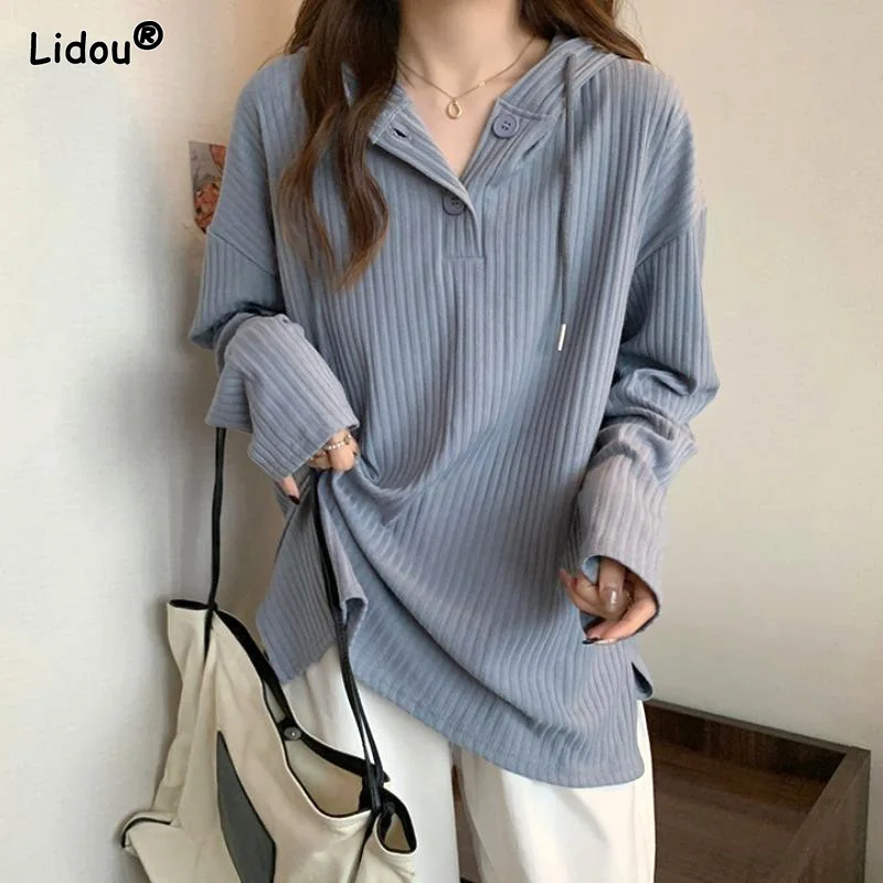 Hooded Drawstring Button Solid Loose Office Lady Street Casual Autumn Winter Thin Women\'s Clothing Screw Thread Korean Pullovers