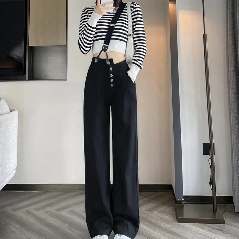 Autumn Spring Solid Denim Pant Women Jeans Fashion Female Vintage Hight Waist Casual Trousers Wide Leg Pants Straight Jeans
