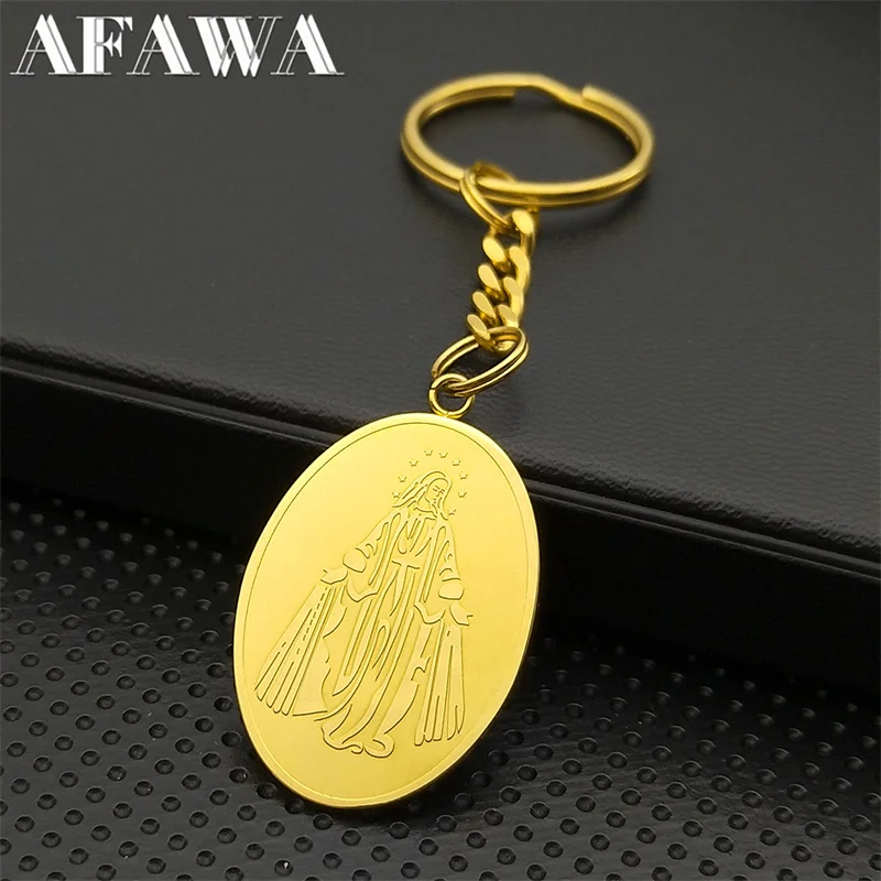 Catholic Virgin Mary Medal Keychain for Women Men Stainless Steel Gold Color Religion Our Lady of Guadalupe Keyring JewelryN2206