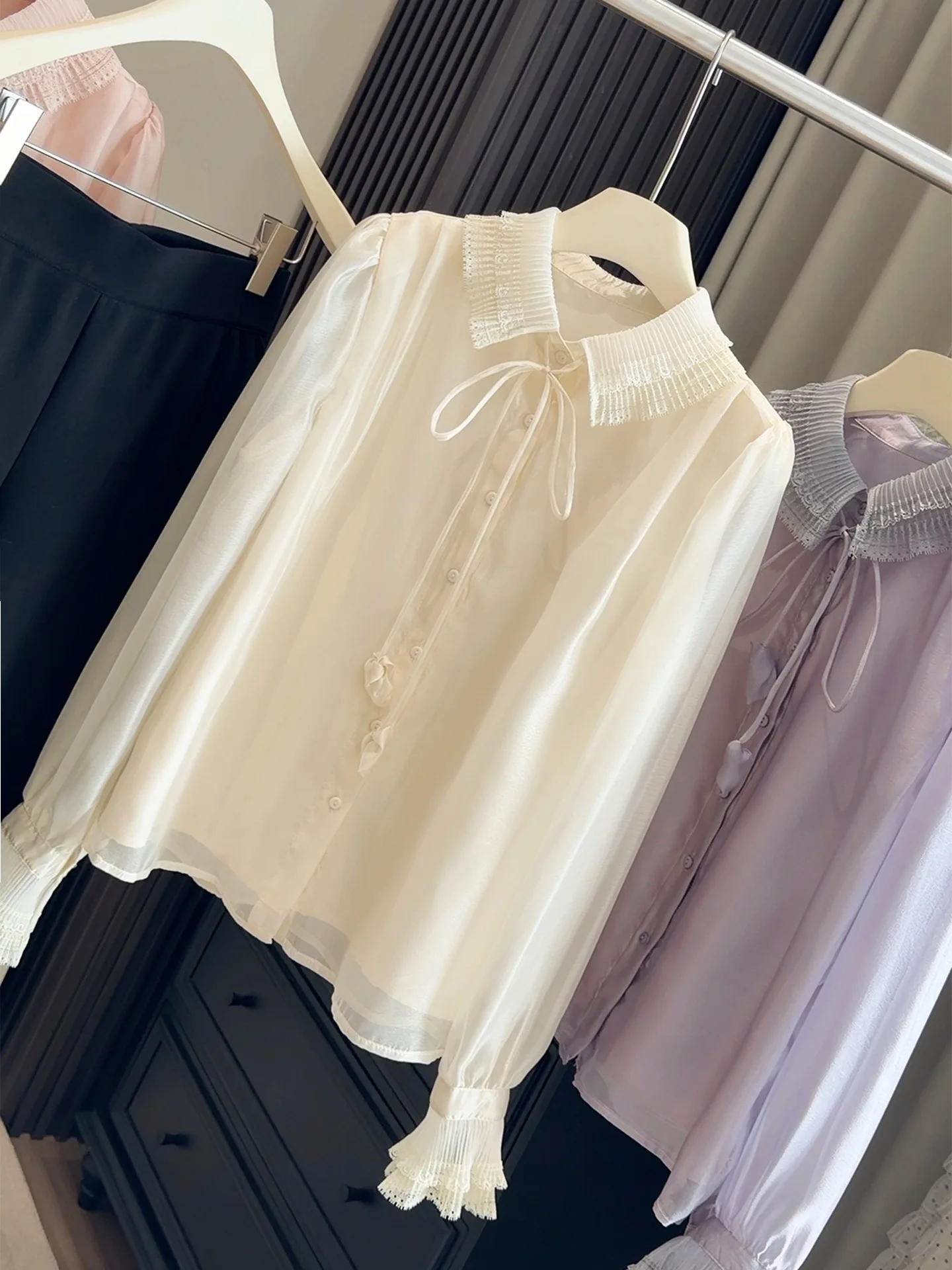 

French Elegant Purple Chiffon Long Sleeve Shirt Women Spring Lapel Tie Neck Fashion Blouse Office Lady Commut Bottoming Shirts