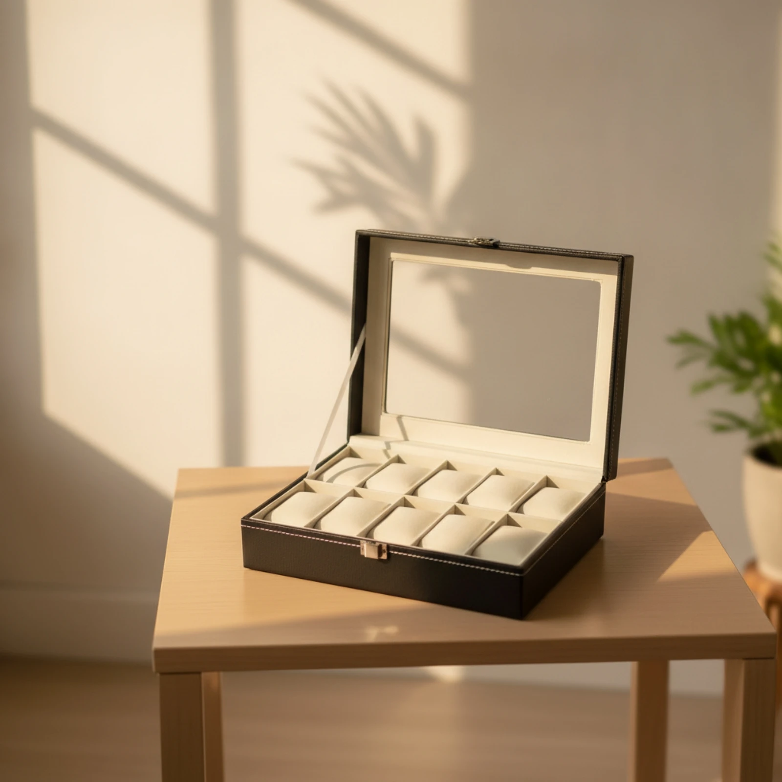 Watch Display Box with Window Sturdy Watch Box with Window Contrast-Stitched Soft for Enthusiasts, Dresser, Closet