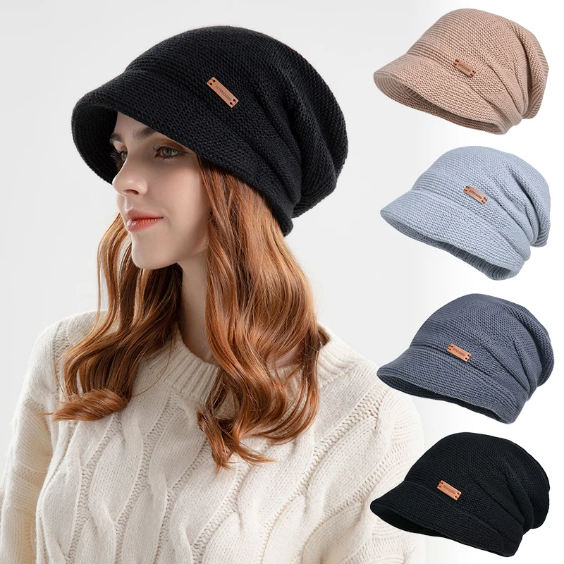 Winter Knitted Women Hat Plus Velvet Fleece Lined Beanie Thick Warm Baggy Cap With Visors Casual Lady Wide Brim Baseball Cap