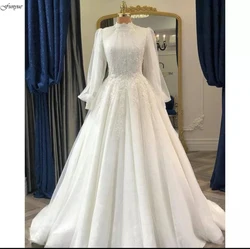 High Neck Muslim Wedding Dress 2024 New Arrival Long Sleeves Bridal Gown Lace Flowers Tulle Bride Dresses Vestidos De Novia