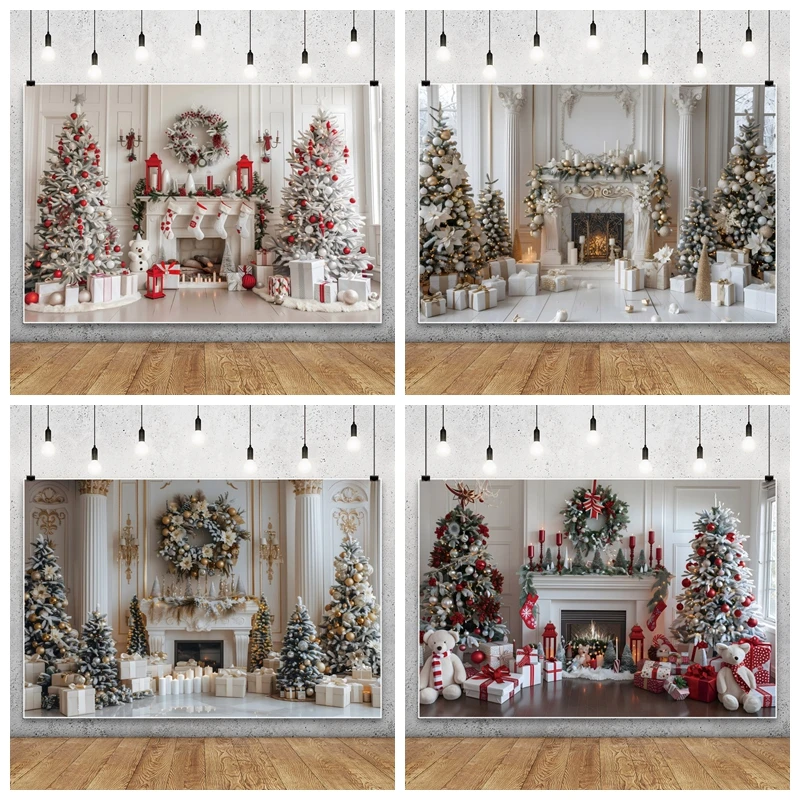 

Christmas Party Backdrops for Photography Fireplace Xmas Tree Gift Family Baby Portrait Backgrounds Decor Photo Studio Shoots