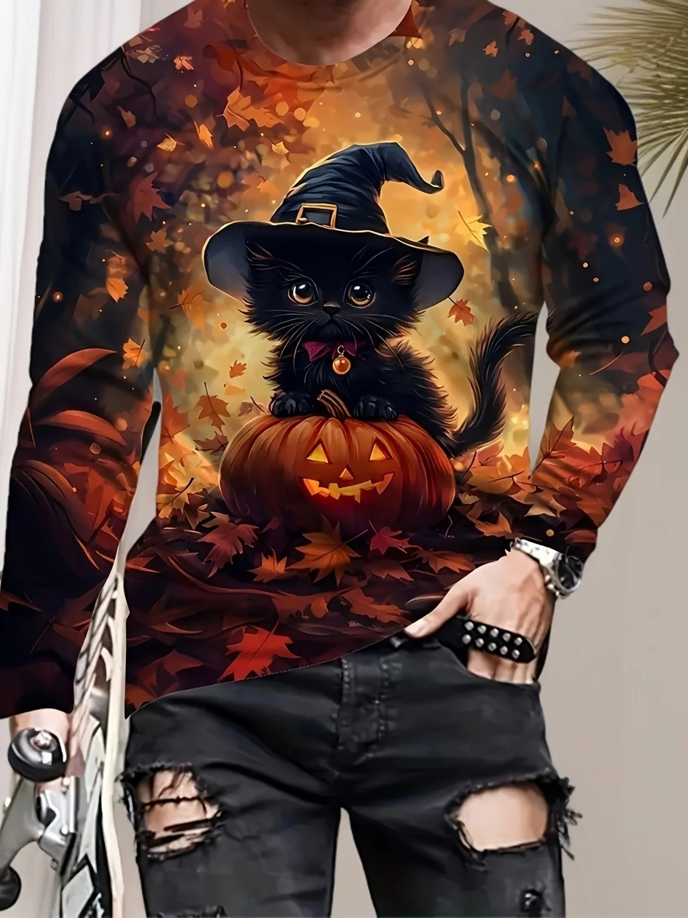 Men's Long Sleeve T-Shirt Halloween Witch Black Cat Pumpkin Maple Leaf 3D Print Crew Neck Casual Tops