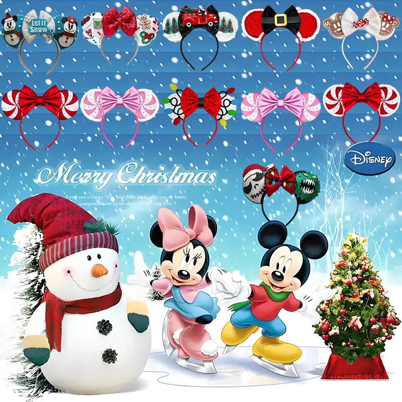 

Disney Mickey Mouse Ears Merry Christmas Hairband Kids Red Candy Cane Headband Girl Sequins Bow Elasticity Hair Accessories Gift