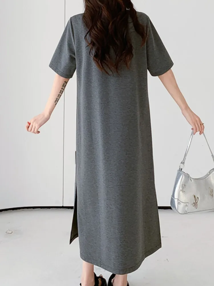 Summer Oversize Solid Loose T Shirt Dress Women Korean Loose V-Neck Short Sleeve Casual Straight Ladies Dresses Female Vestidos