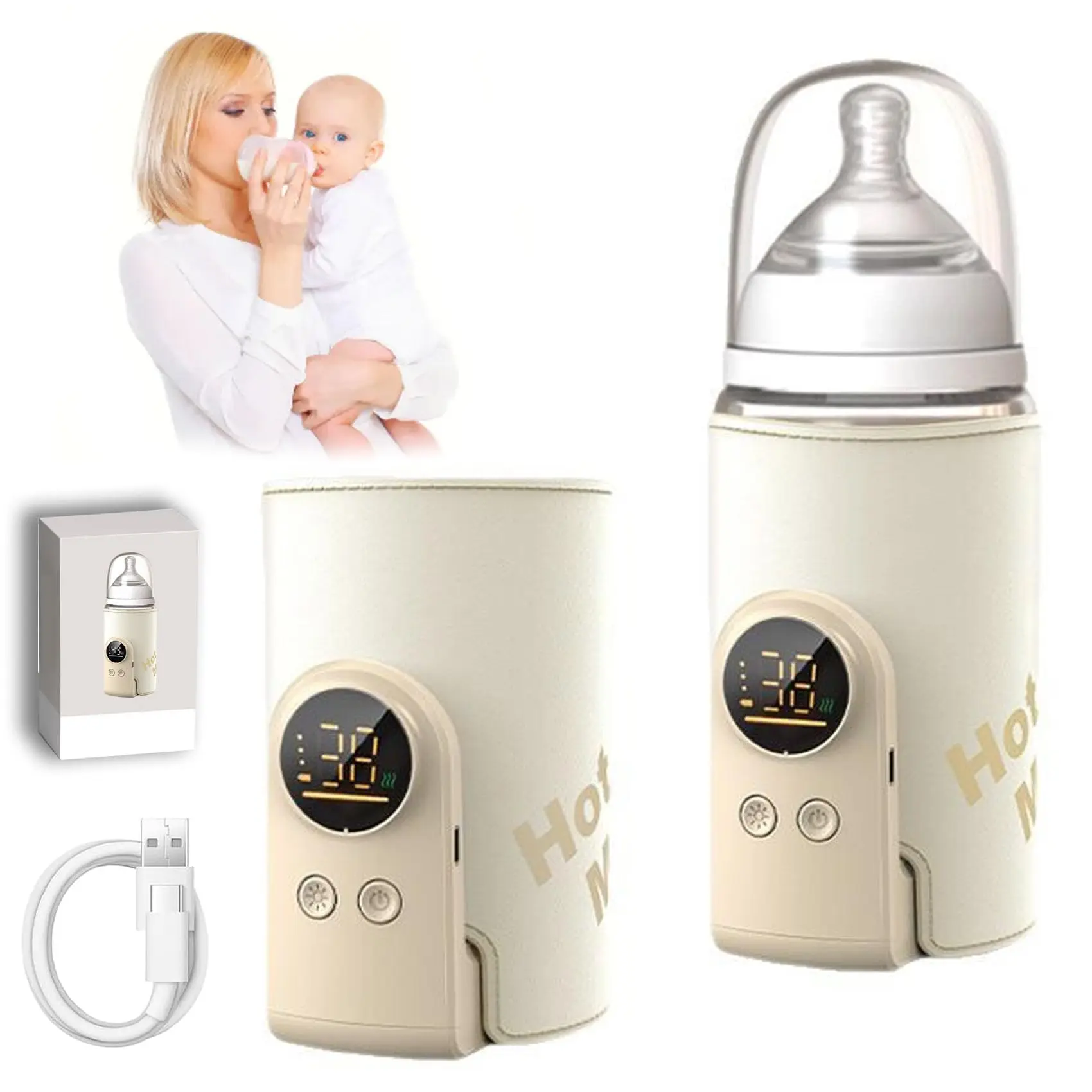 Portable Cordless Baby Bottle Warmer Water-Free Milk Heater with Night Light, Rechargeable Compact for Travel On-the-Go Feeding
