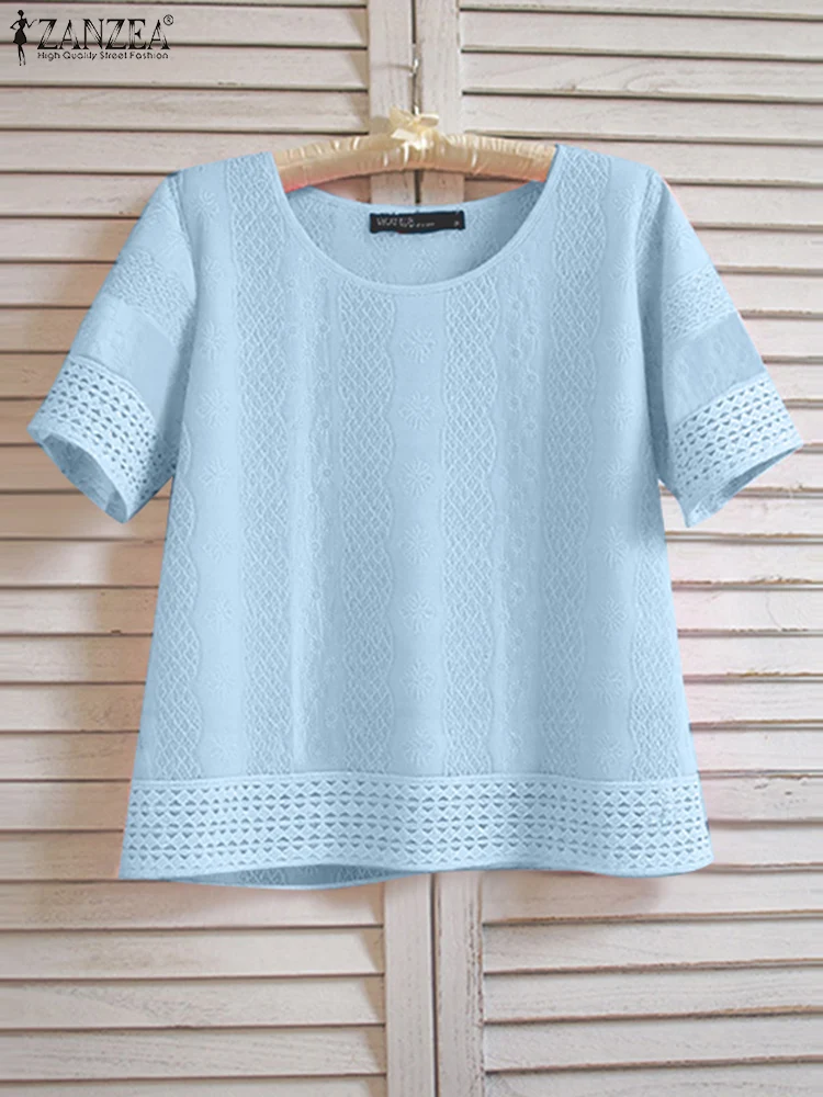 ZANZEA Cotton Blusas Women Solid Tops Casual Loose Short Sleeve Blouse Fashion O Neck Tunics 2025 Female OL Work Pullovers