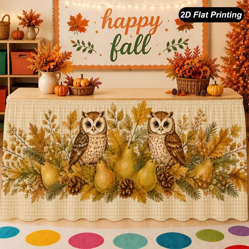 One autumn tablecloth with an owl motif and a harvest flower bouquet tablecloth is perfect for a home setting.