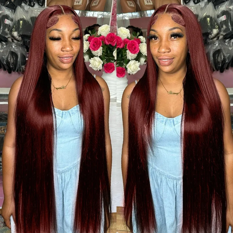 Reddish Brown 4x4 Lace Closure Human Hair Wig Bone Straight Dark Red Brown Pre Plucked Transparent Lace Wig Peruvian Hair