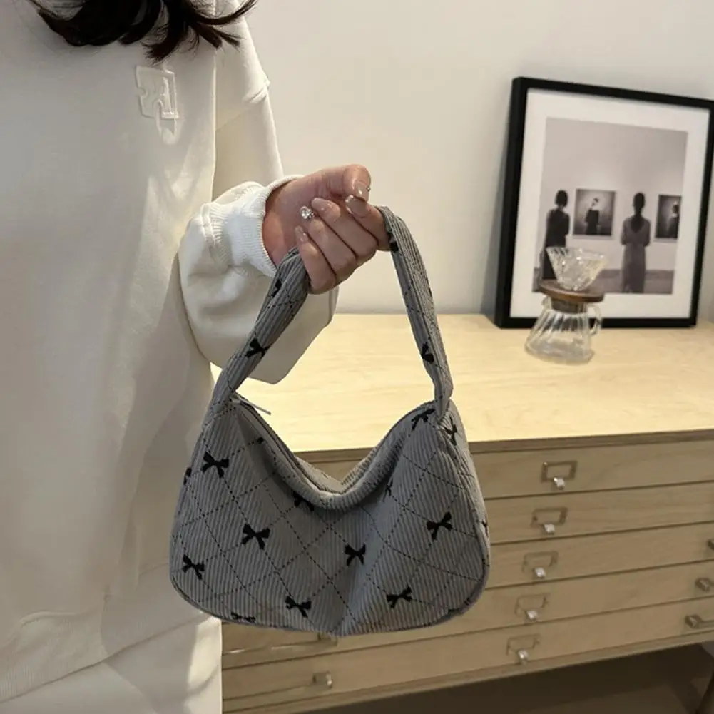 Bow Pattern Niche Design Corduroy Handbag Casual Women's Underarm Bags Shoulder Bag Shopping Commuter Tote Bags