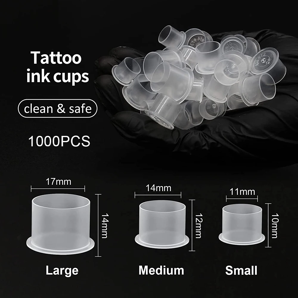 1000 Stück Kunststoff-Tattoo-Tintenbecher, Kappen, 17 mm, 14 mm, 11 mm, transparente, selbststehende Tintenkappen, Tattoo-Pigmentbecher, Versorgung für Tinte